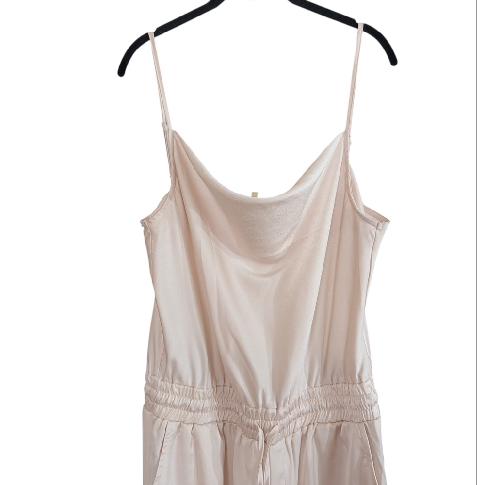 Promesa Champagne Satin Cargo Jumpsuit XL | Cowl Neck Elastic Waist Pockets - Picture 4 of 13